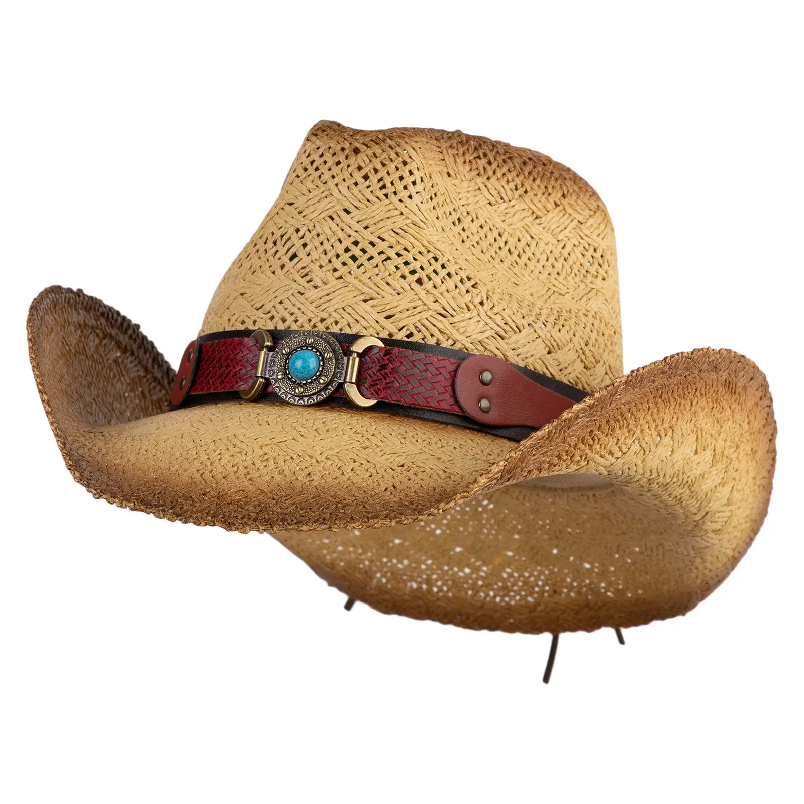 UPF 50+ Natural Straw Gem Buckle Cowboy Hat