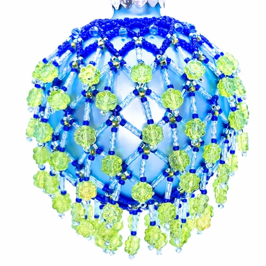 PNW Small Flowers 001: Handmade Beaded Matte Blue Glass Ornament with Lime Green Czech Flower Beads and Blue Rainbow Twist Bugle Beads 3x4 inches
