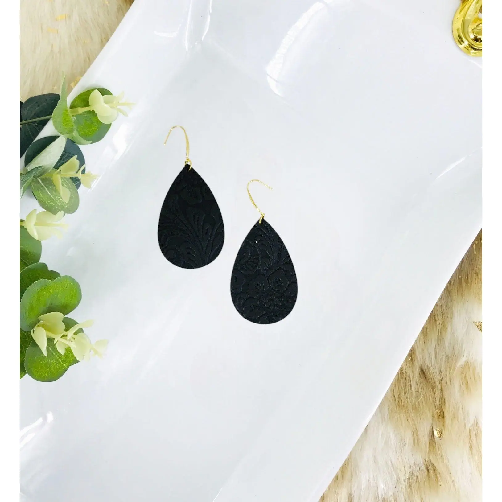 Dark Brown Embossed Leather Earrings - E19-3662
