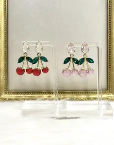 Cherry Rhinestone Stud Earrings - Red and Pink Cherry Design with Green Leaves Accents