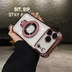 Transparent Electroplated Acrylic Magnetic Phone Case for iPhone 17 Pro Max, Wireless Charging Stand, Protective Cover