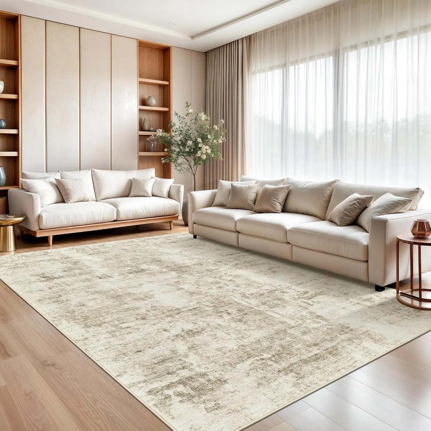 ComiComi Abstract Rug 8x10 Large Living Room Rugs Neutral Modern Washable Area Rugs for Bedroom Dining Room Non-Slip Stain Resistant Foldable Thin Rug Beige Gray