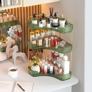 3 -layer cornering bathroom counter storage rack, table perfume tray and dressing table storage rack, cosmetics storage rack, bathroom, dressing table, kitchen corner storage rack (green)