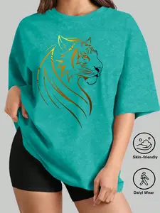 Golden Line Art Tiger Women's Casual Short Sleeve T-Shirt – Bestselling Wild Animal Graphic Print, Mineral Wash Black, Machine Washable Spring & Summer Top, Soft Skin-Friendly Fabric, Daily Versatile, Fashion Design