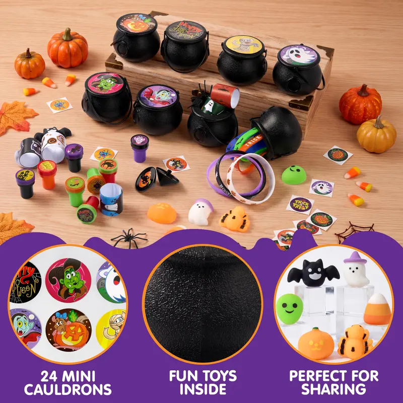 144 Pcs Halloween Toy Gifts for Kids, 24 Packs Prefilled Mini Pumpkin Buckets for Kids Halloween Party Favors Trick or Treat 144Pcs Witch's Jar (24 Packs)