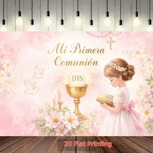2D Flat First Communion Background Banner, Soft Watercolor Baptism Decoration, Prayer Girl and Floral Elements, Multiple Sizes Available