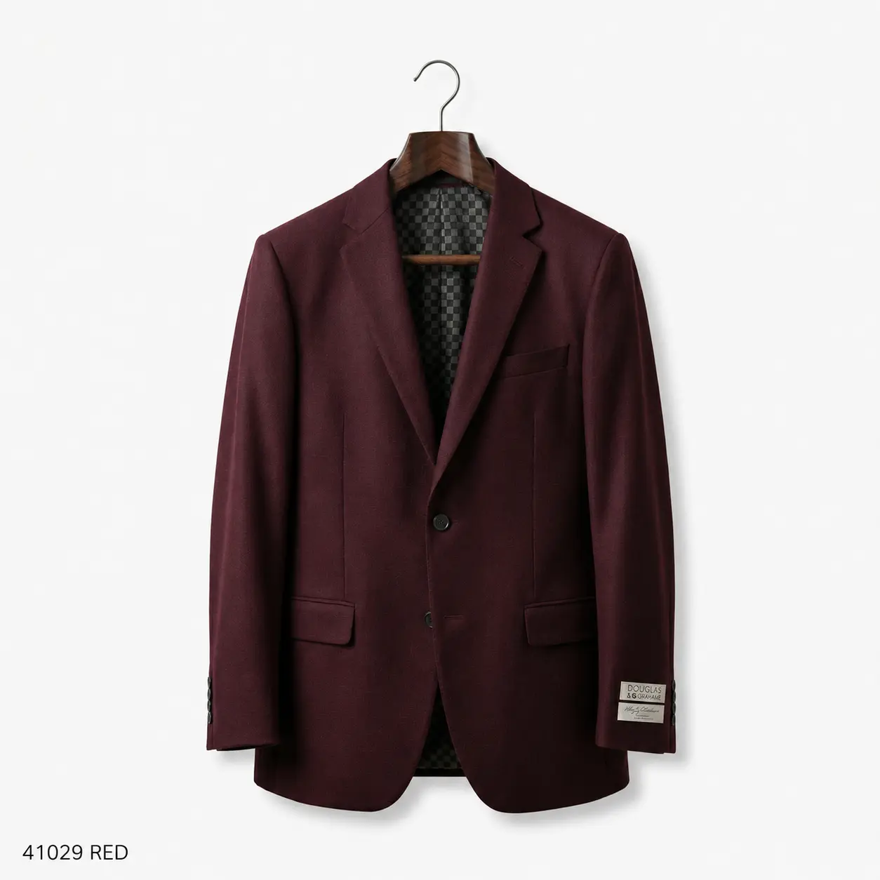 Men's Slim Fit Single-Breasted Red Wool Blazer. Wrinkle-resistant with a classic checked lining. Versatile for weddings, parties, business casual, or formal events. —Douglas & Grahame