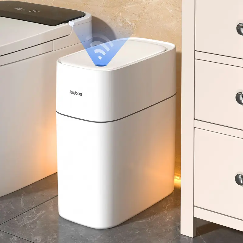Joybos Automatic Hands-Free Trash Can - 3.8gal ABS Plastic Auto-Induction Bin, 11.4" L x 6.3" W x 13.1" H Slim Space-Saving, Waterproof, Modern Nordic Style, 4 AA Batteries-Free, Durable for Kitchen Home Use (Hygienic Lifestyle)