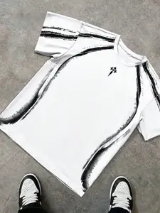 Unisex Minimalist Abstract Line Print T-Shirt, Curve Design & Small Cross Decoration, Urban Street Style, Casual Fashion