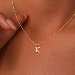 Amazon popular 26 English letter necklaces A-Z stainless steel letter box chain plated 18K gold women's pendant