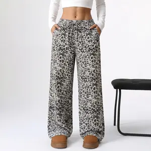 Women’s classic leopard print long pants for summer — loose fit, versatile, elastic waistband, slimming straight cut with a drapey wide leg