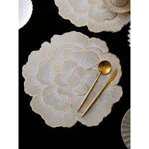 1-8pcs Gold Flower Design PVC Placemats, Washable, Easy To Clean, Wipe-Clean, Non-Slip, Heat Resistant, Holiday Wedding Party Table Decor