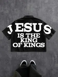 Men's Loose Short Sleeve Shirt, Jesus Is the King of Kings Slogan, Religious Street Style, Fitted Casual Top
