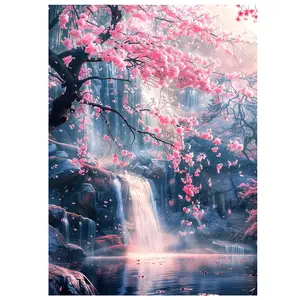 5D DIY Diamond Painting Suitable for Adult Beginners Japanese Cherry Blossom Waterfall Scenery Full Diamond Mosaic Artwork Diamond Embroidery Kit Rhinestone Home Decor Craft Gift