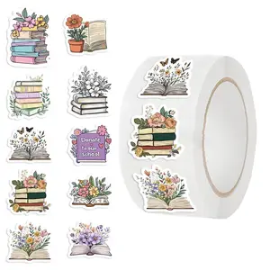Book & Flower Pattern Sticker, 500pcs/roll Waterproof Self Adhesive Decor Paper, Decor Sticker for Gift Greeting Card & Water Bottle & Laptop, Art Stickers