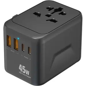 45W GaN Universal Travel Adapter | 5 Port International Power Adapter with 2 USB-C PD 3.0, 2 USB-A QC 3.0 & AC Outlet | Worldwide Travel Plug for , EU, UK, AU &  Countries