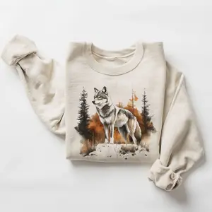 Lone Wolf Crewneck Sweatshirt - Retro Mountain Wilderness Vibes - 90s Adult Foggy Forest Boho Sweatshirt Unisex
