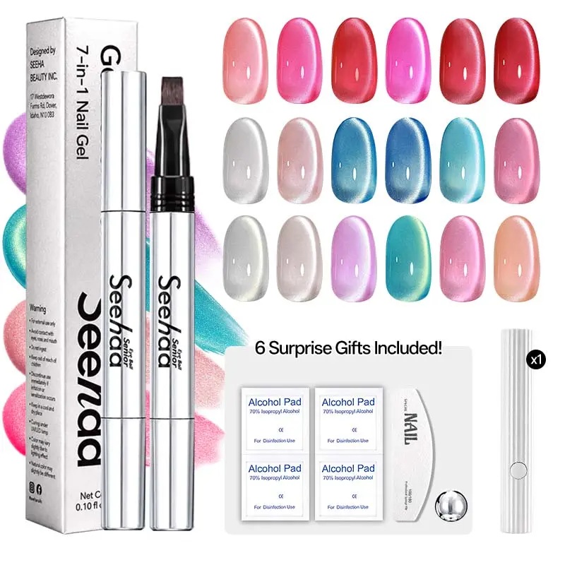 SEEHAA 7-in-1 Cat Eye Gel Nail Polish Pen, Magnetic Shimmer Nail Art Pen with Built-In Magnet, Portable 3mL All-in-One Gel Polish for DIY Manicure Nail Care
