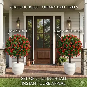 Dense Red Rose Artificial Topiary Ball Trees 24 Inch Set of 2 Fake Plants with Ground Spike UV Resistant No Fade Outdoor Faux Shrubs for Spring Garden Patio Porch Yard Indoor Decor