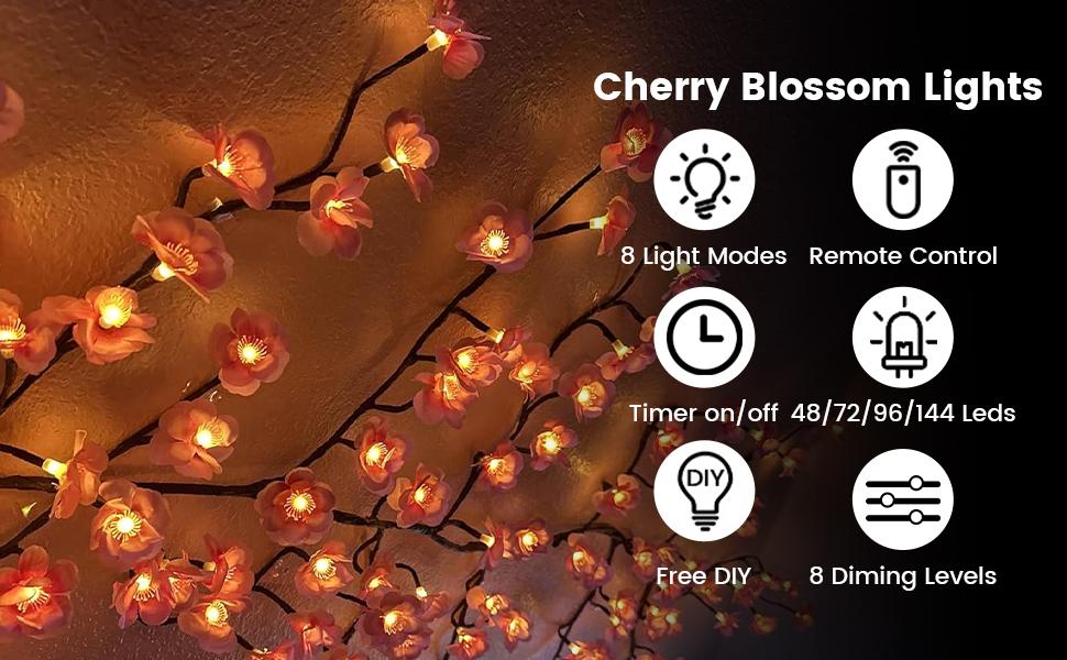 LED Cherry Blossom Tree Branch Mood Lighting - 7.55FT 144LEDs Willow Vine Garland, 1.2m 48leds, 1.6m USB Cable, Timers, Color Changing, 8 Lighting Modes, Remote, Bedroom Indoor Wall Decor for Wedding, Christmas