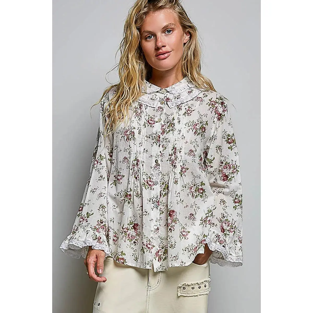 POL Floral Lace Trim Pintuck Button-Down Shirt