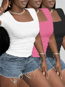 Slim Fit Square Neck Top Three Piece Set, Trendy Women's Fashion Outfits Minimalist Aesthetic for a Flattering Silhouette, Perfect for Casual Outings