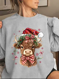 Women's Christmas Highland Cow Print Drop Shoulder Sweatshirt, Casual Long Sleeve Round Neck Pullover for Fall & Winter, Ladies Clothes for Daily Wear