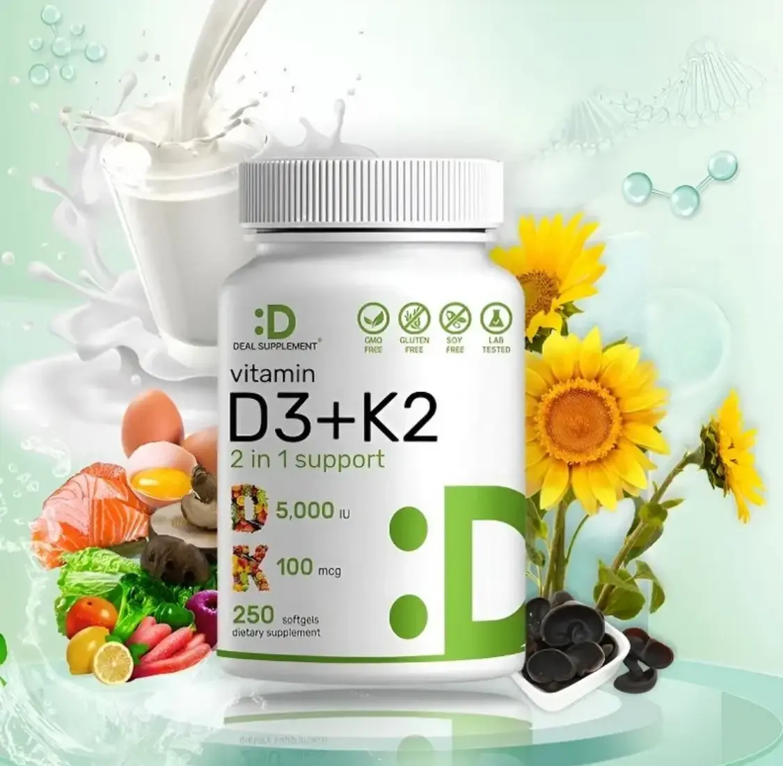 Vitamin D3 5,000 IU + K2 MK7 Softgels, 250 Count | 2-in-1 Complex | Supports Heart, Bone, Teeth & Immune Health* | Easy to Swallow