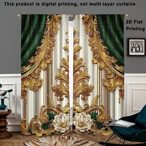 2 pieces, 2D flat printed European Baroque curtains, elegant gold floral design, pole pocket style, semi sunshade, suitable for home living room, bedroom, balcony, kitchen, study and shower window decoration, anti privacy, easy to clean.