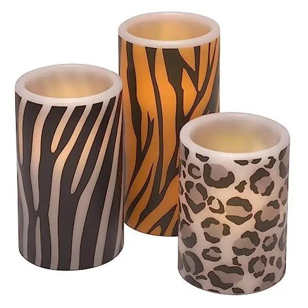 Wild Animal Print Flameless LED Candles Set of 3, 6 Inch Zebra, Tiger, and Leopard Design Pillars, Battery Operated Home Decor Ornaments