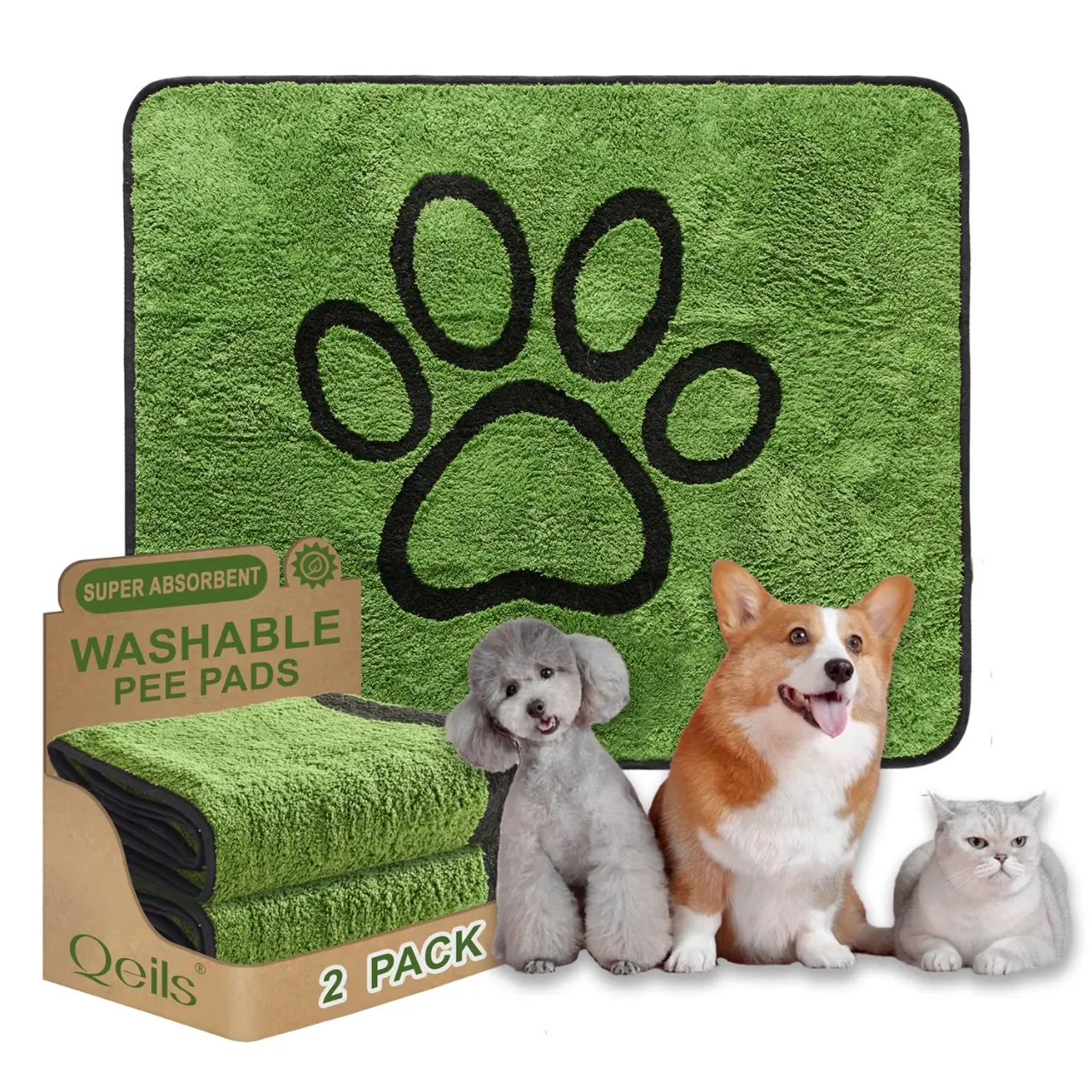 Qeils 2-Pack Green Long Wool Reusable Dog Pee Pads, Polyester Artificial Grass Washable Pads for Potty Training, Leakproof Unscented Eco-Friendly Absorbs Urine Pet Supplies, Floor Dryness, Two Packs