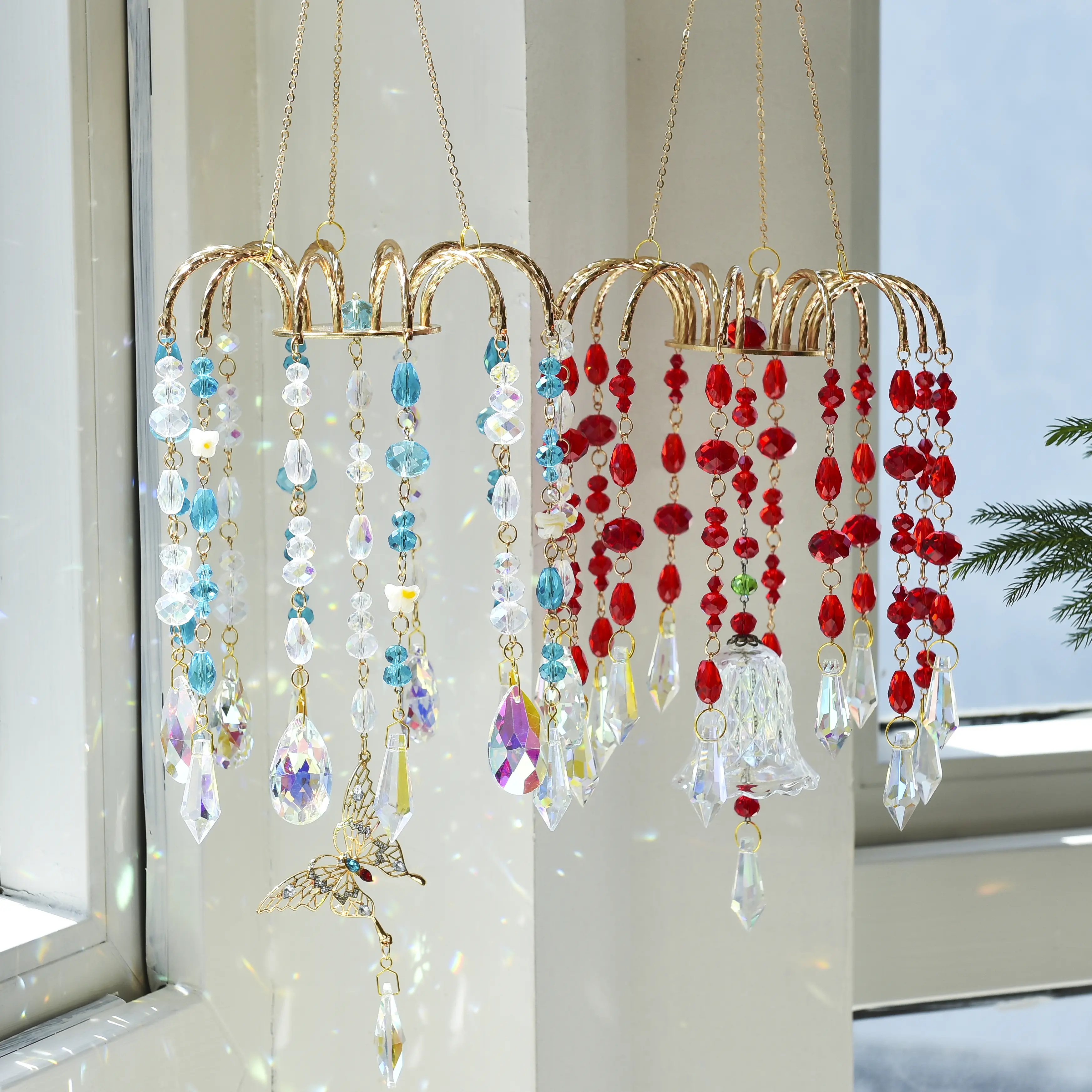 Whimsical Hangable Crystal Sun Catcher Window Decor, Beaded Prism Rainbow Chandelier Ornament with Light, Home Decoration for Mother's Day, Anniversary Gift
