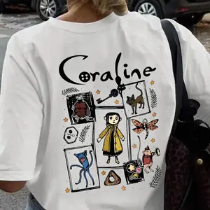 Women's Loose-Fit Round Neck T-Shirt, Coraline Cartoon Print, Soft Breathable Fabric, Summer Casual Fashion, Age 35-44, Knitted Pattern