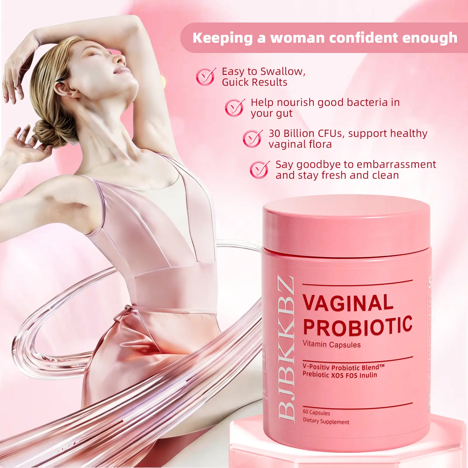 BJBKKBZ Vaginal Probiotic Vitamin Capsules, V-Positiv Probiotic Blend with Prebiotic XOS FOS Inulin, Supports Vaginal pH Balance, Yeast Balance & Urinary Tract Health, 60 Count Dietary Supplement