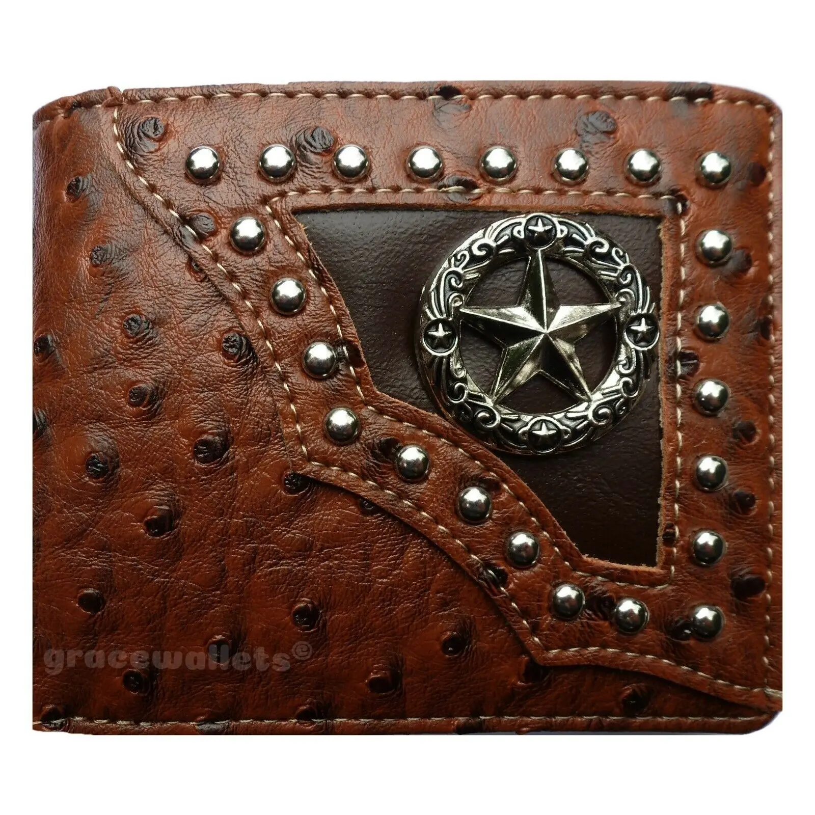 Men's Western Bifold Checkbook Wallet Star Design Ostrich Brown Leather Premium Craftsmanship Bold Star Emblem