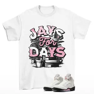 Adult and Youth Stacked Jordan 5 Medium Soft Pink 35th Anniversary Matching Sneaker Tee Shirt White, 90s Hip Hop Streetwear Heavy Cotton, Y2K Retro Style Comfortable Unisex Top HNKP