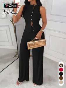 Women's Casual Round Neck Studs Sleeveless Top and High Waist Wide-Leg Pants Two-Piece Set for Spring and Summer, Plain Outfit, Suits, Womenswear, Clothes