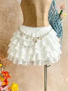 TikTok's popular Y2K lace layered mini skirt - white pleated layered short skirt with flowing Fairycore aesthetics, suitable for date nights and daily cute clothing Women