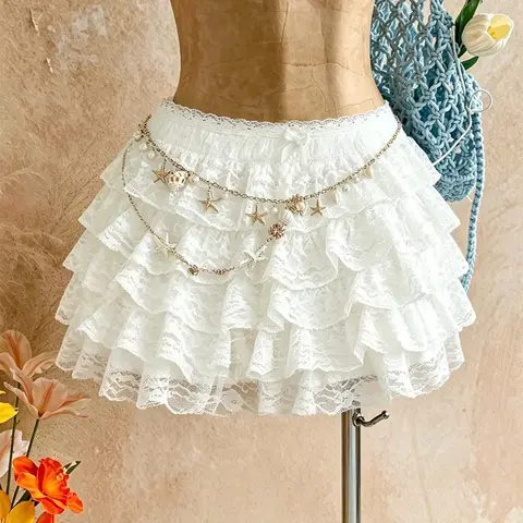 TikTok's popular Y2K lace layered mini skirt - white pleated layered short skirt with flowing Fairycore aesthetics, suitable for date nights and daily cute clothing Women Tiered layer skirt