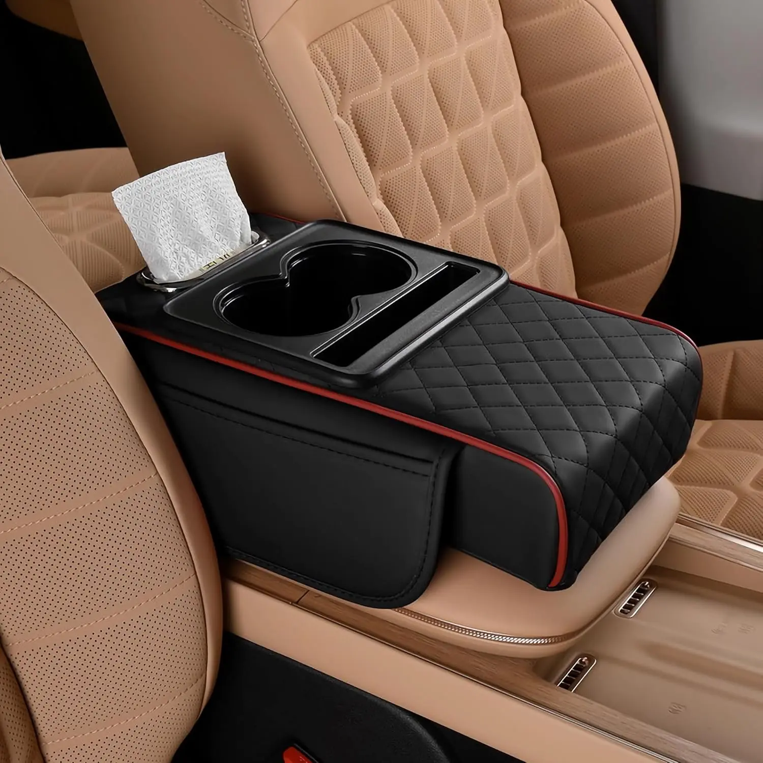 Universal Car Interior Organizer - Cup Holder &Phone Storage for Vehicles, 5-in-1 MultifunctionalCar Center Console Armrest Pad, Storage Bag &Armrest Box Pocket for Long-Distance Travel