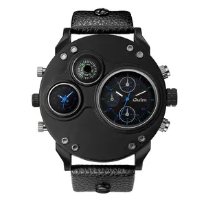 OIDEA Men's Dual Time Zone Quartz Watch, Compass Accent, Oversized Black Dial, Mineral-Hardened Glass, PU Leather Band