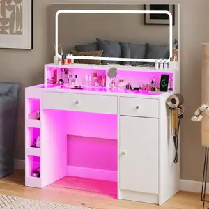 LED Vanity Desk with RGB Light Mirror, Large Makeup Table with Power Outlet & Drawers, Modern Dressing Table for Bedroom