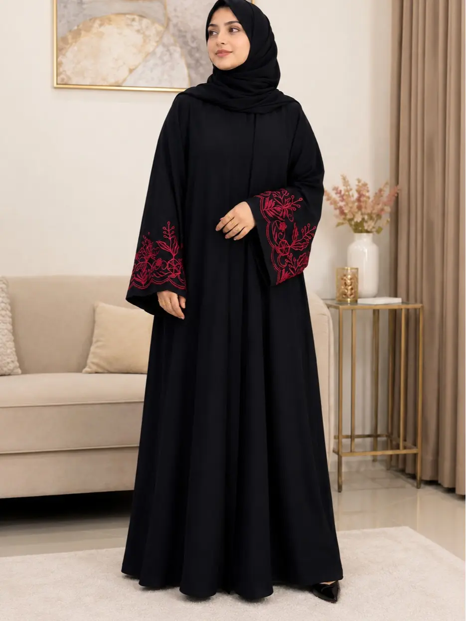 Black abaya with red embroidery,modest muslim dress