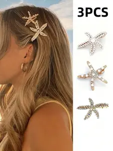 3-Piece Vintage Pearl Starfish Hair Clips, Fashion Bun Accessories, Full Rhinestone Hair Clips, Front Bang Clip, Beach Jewelry