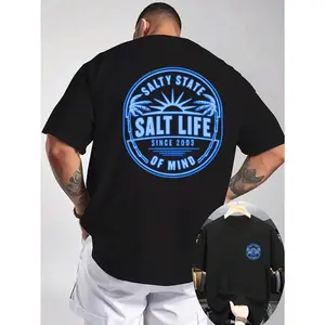 [Sporty T-Shirt]New Summer Men's Casual Printed T-Shirt With Screw Neckline, Knitted Fabric, Refreshing And Comfortable Salt Lake Life Outdoor  Brand Print, Suitable For Outdoor Activities Men's Summer Tee Shirt |     Relaxed Fit |     Plus Size