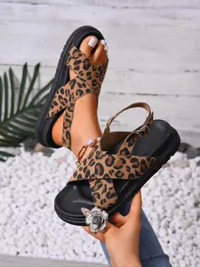 Women's Fashion Leopard Print Crossed Band Design Sandals, Fashionable Slingback Sandals, Dressy Flat Sandals, Casual Comfortable Trending Flat Strappy Sandals for Beach Vacation, All-match Commuter Shoes for Work & Daily Wear, Summer, Footwear