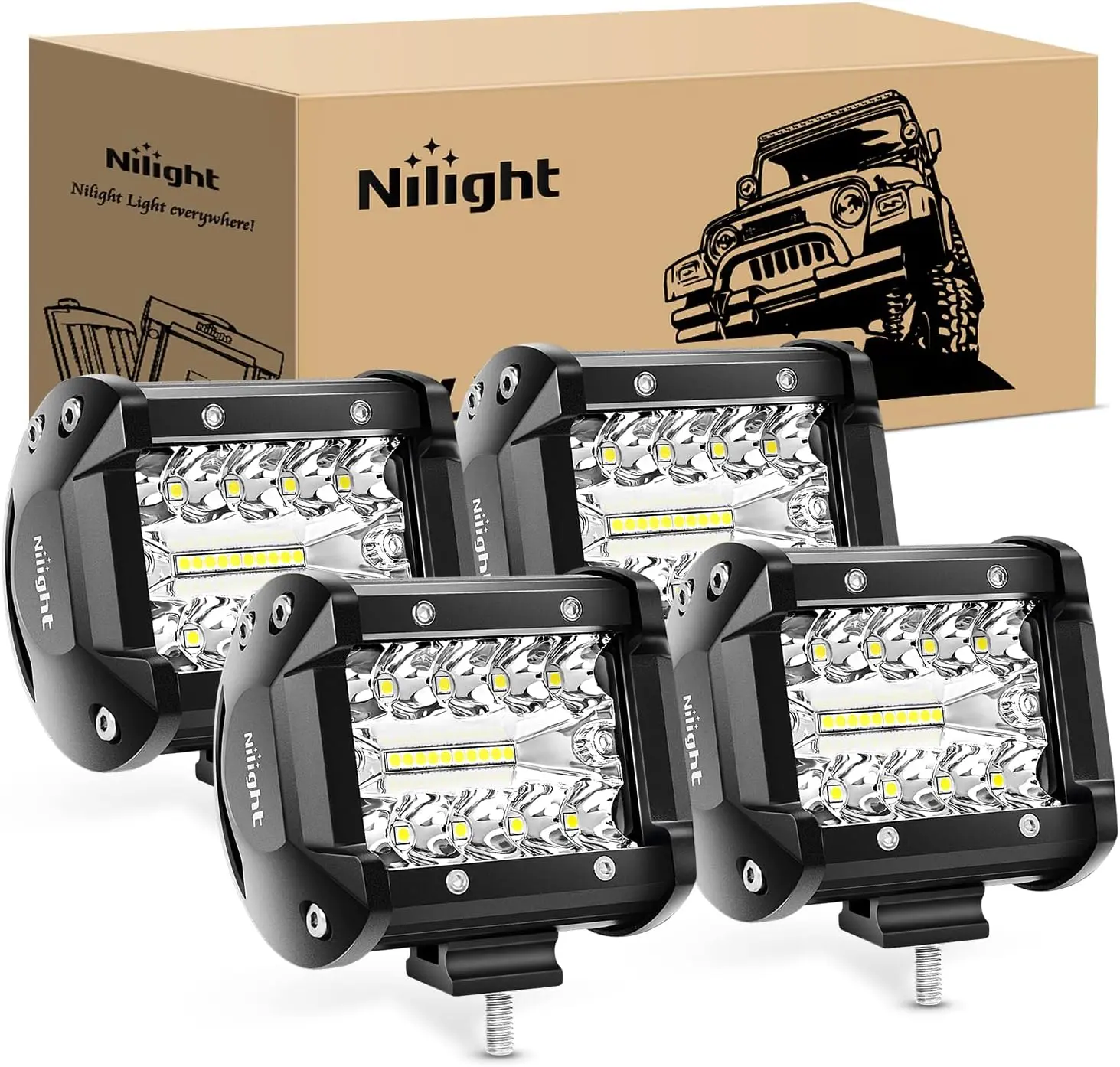 Nilight 4Pcs 4in Aluminum Triple Row Spot-Flood Combo LED Pods - 60W 6000LM Waterproof Adjustable Temperature Cooling Auto Lights for Off-Road Trucks, Motorcycle Tanks, Ce, Auto Accessories
