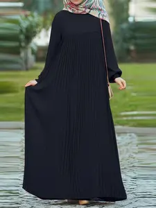 Women's Plain Long Dress, Long Sleeve Dresses, Lantern Sleeve Pleated Design, Modest Style Dress, Maxidresses, Casual Loose-Fitting Woven Fabric, Perfect for Daily Commuting