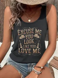 Plus Size Letter Print Tank Top, Casual Sleeveless Loose Fit Top, Casual Comfy Cami, Soft Stretchy Fabric, Y2K Clothes Summer Daily Wear, Party Casual Ensembles