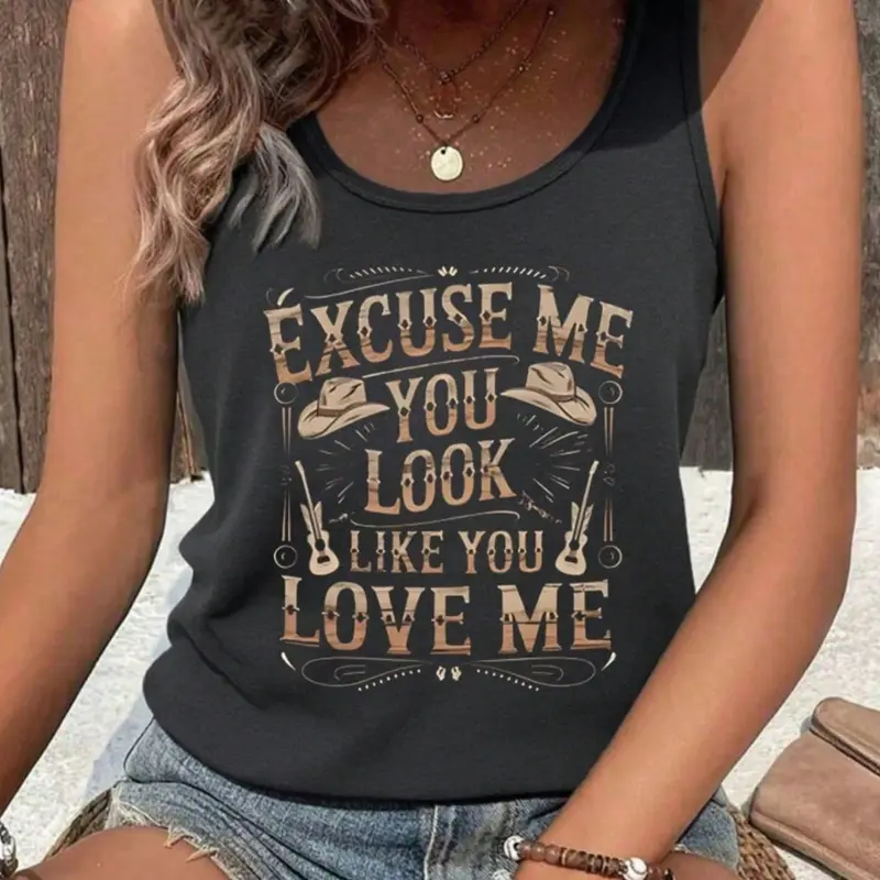 Plus Size Letter Print Tank Top, Casual Sleeveless Loose Fit Top, Casual Comfy Cami, Soft Stretchy Fabric, Y2K Clothes Summer Daily Wear, Party Casual Ensembles